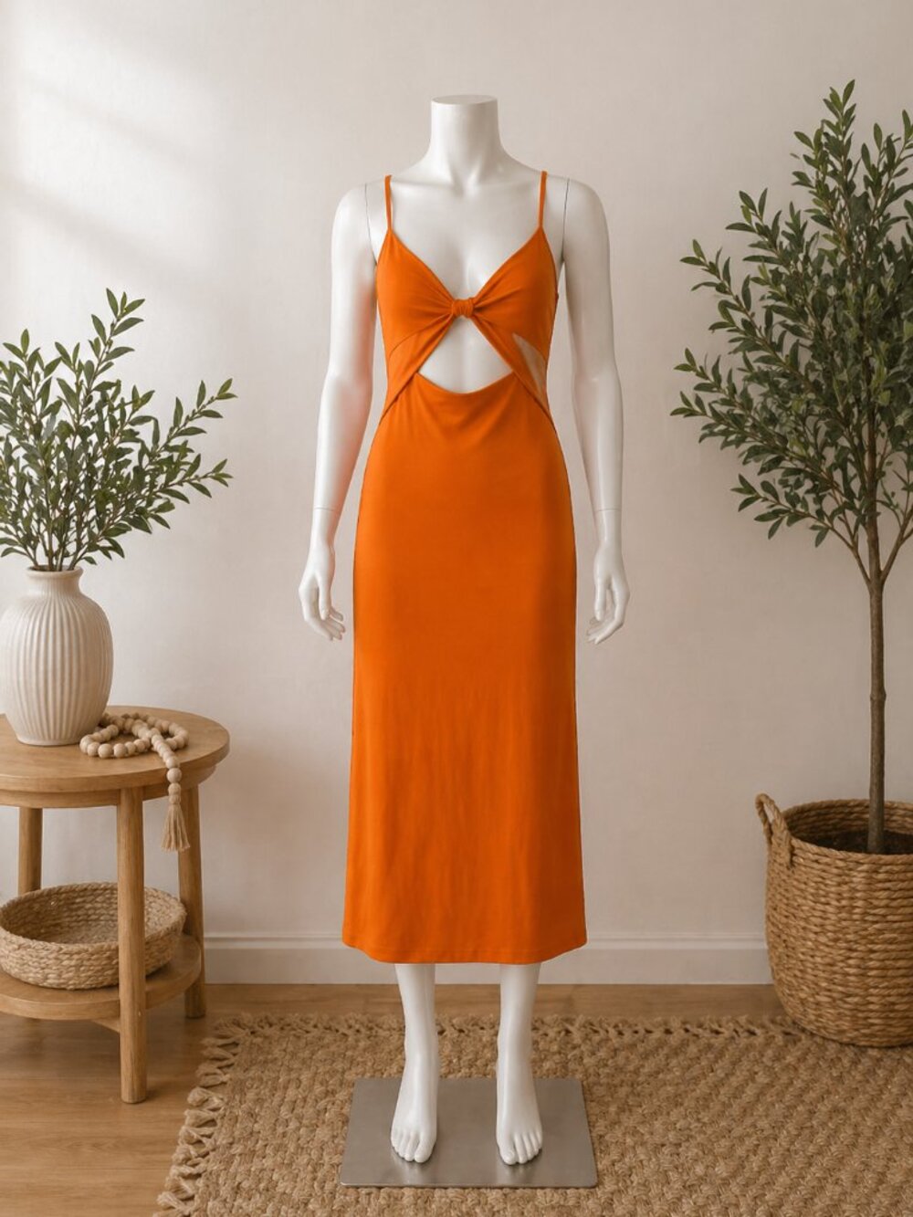 Zara Orange Cutout Midi Dress Size Large Bodycon Sleeveless Knot Front - Picture 3 of 6